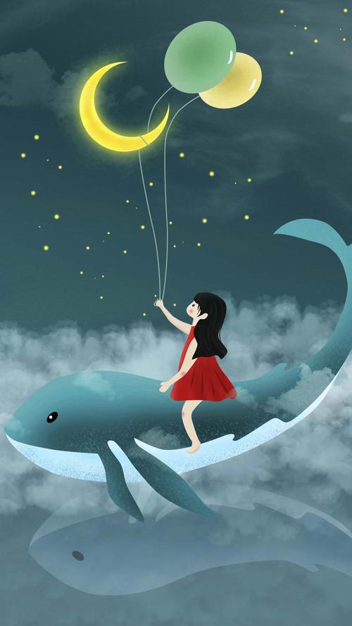 水彩画星空鲸鱼和少女